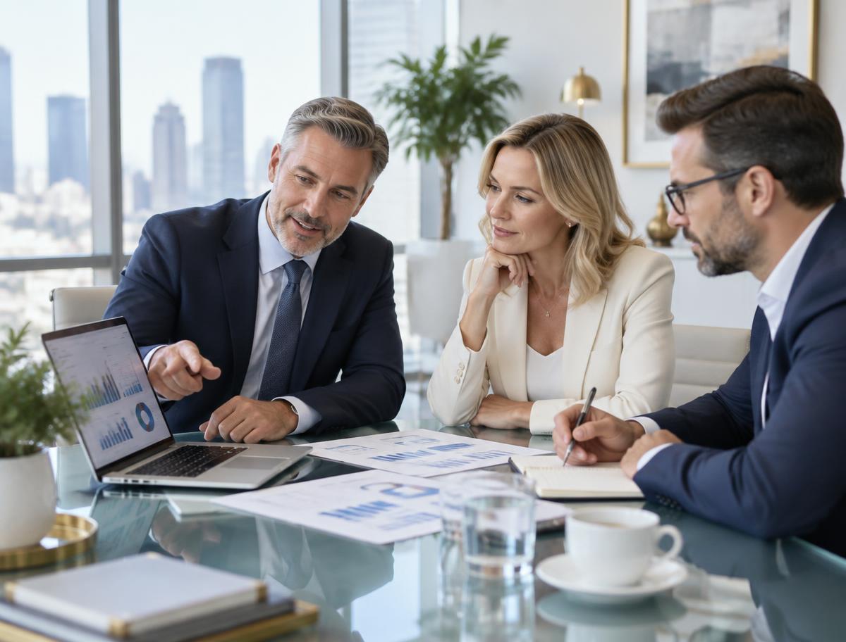 Financial advisers discussing reports around a boardroom table