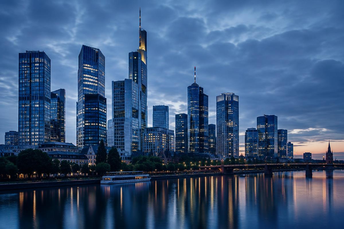 Frankfurt financial district skyline at dusk reflected in the river