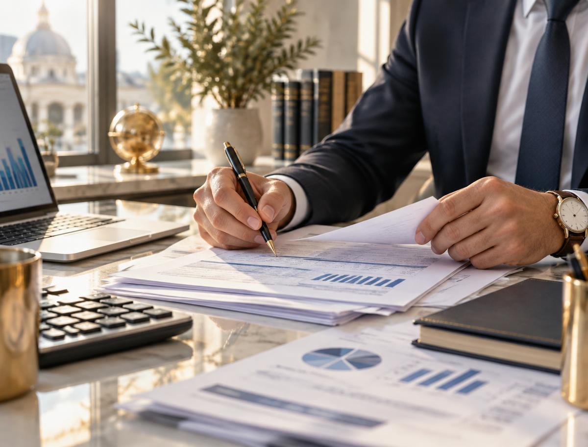 Financial professional reviewing and signing an audit report