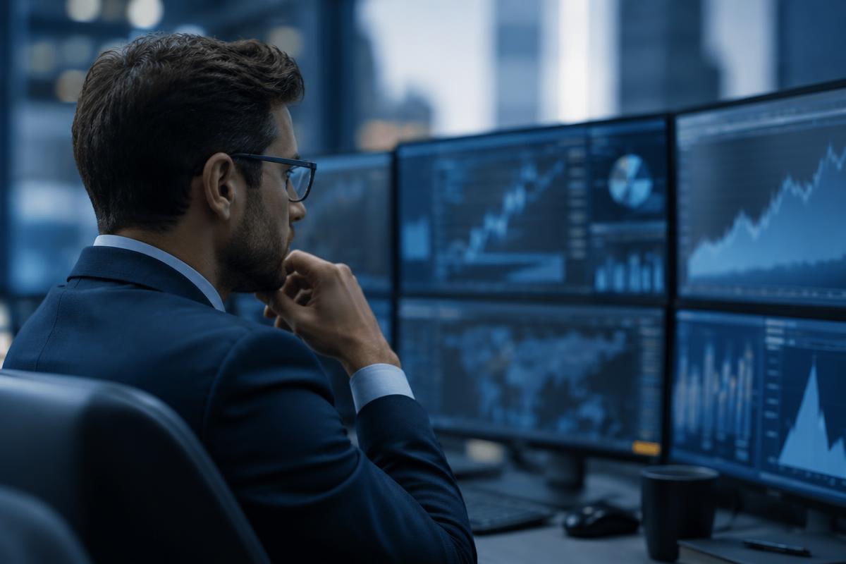 Risk analyst studying charts across several monitors