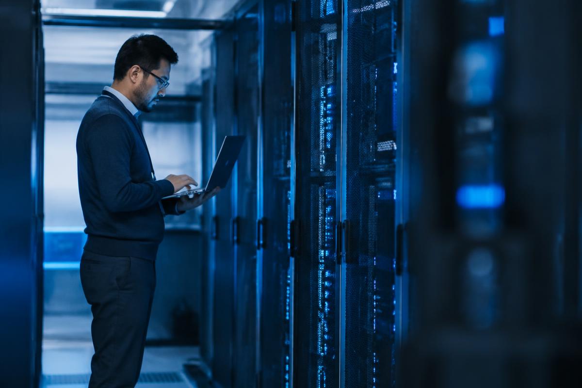 IT professional with a laptop inspecting server racks in a data centre