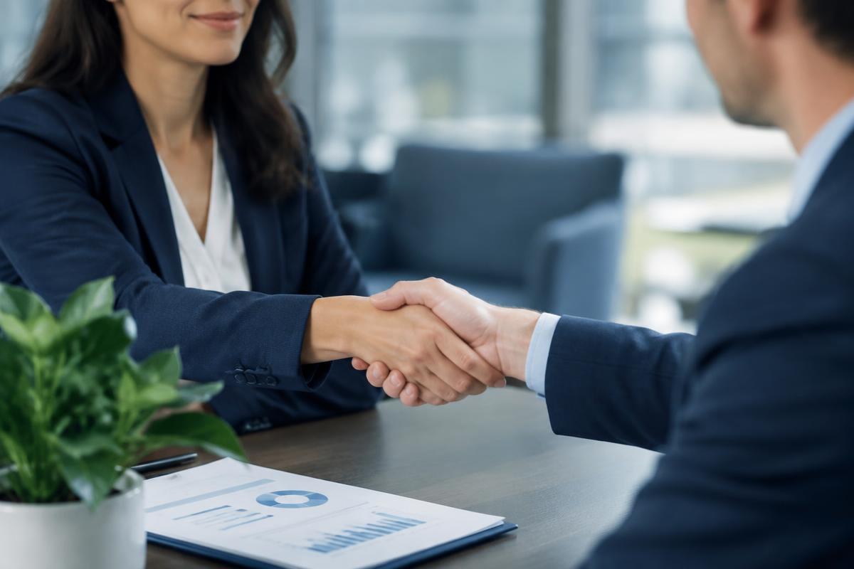 Two professionals shaking hands across a desk with a report and a plant