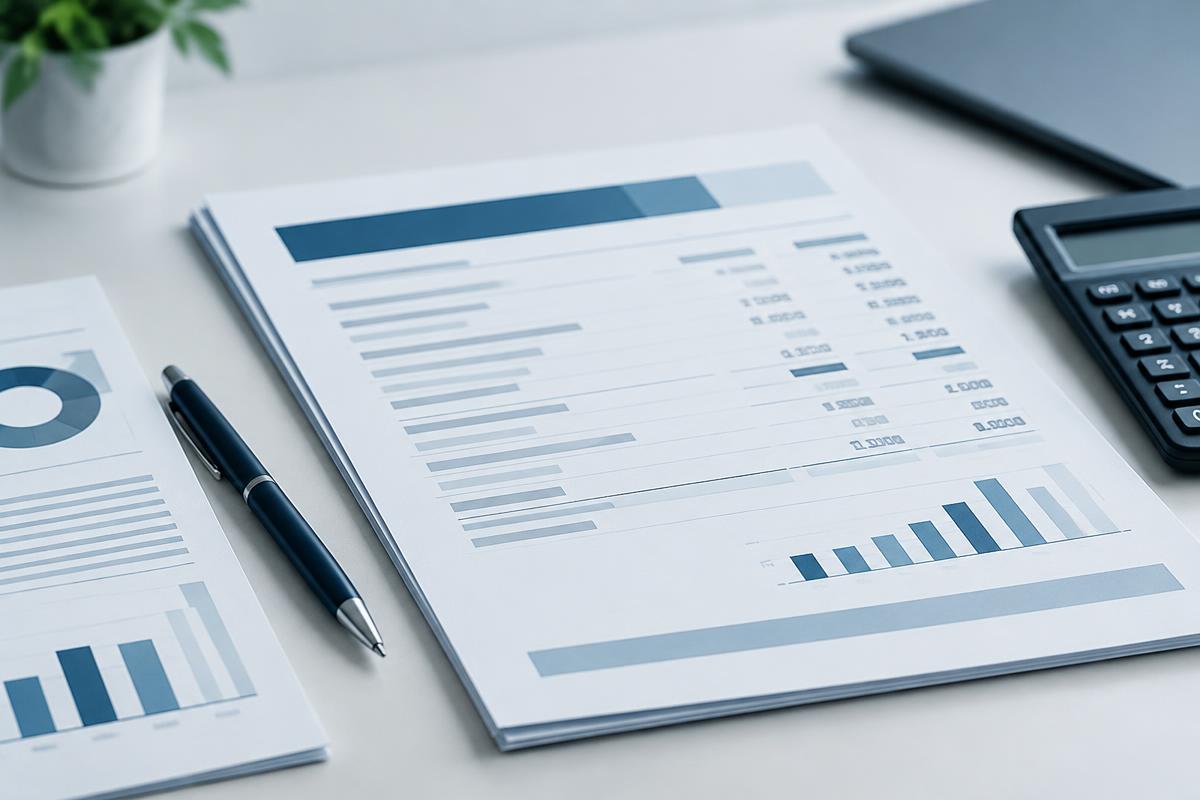 Printed financial statements with charts, a pen and a calculator on a desk