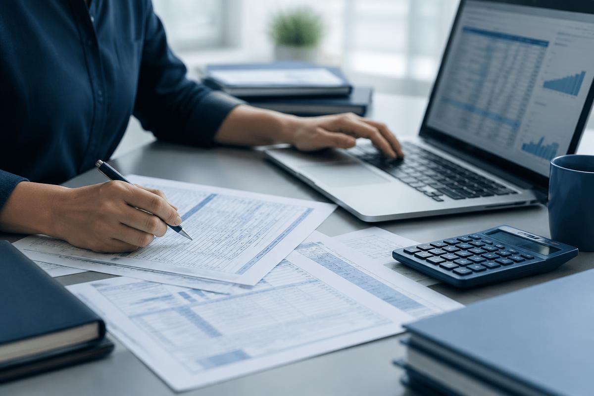 Accountant working through tax forms and spreadsheets at a desk