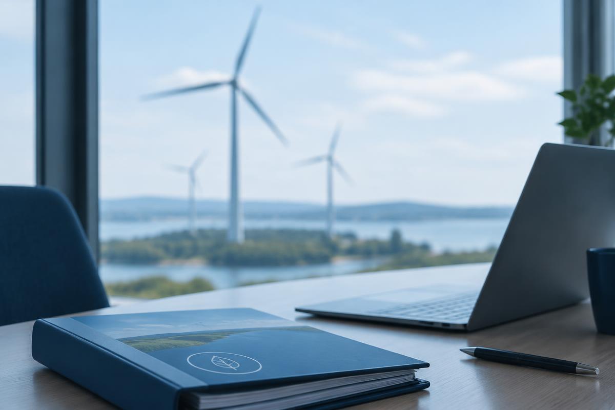 Sustainability report binder and laptop in front of a window overlooking wind turbines