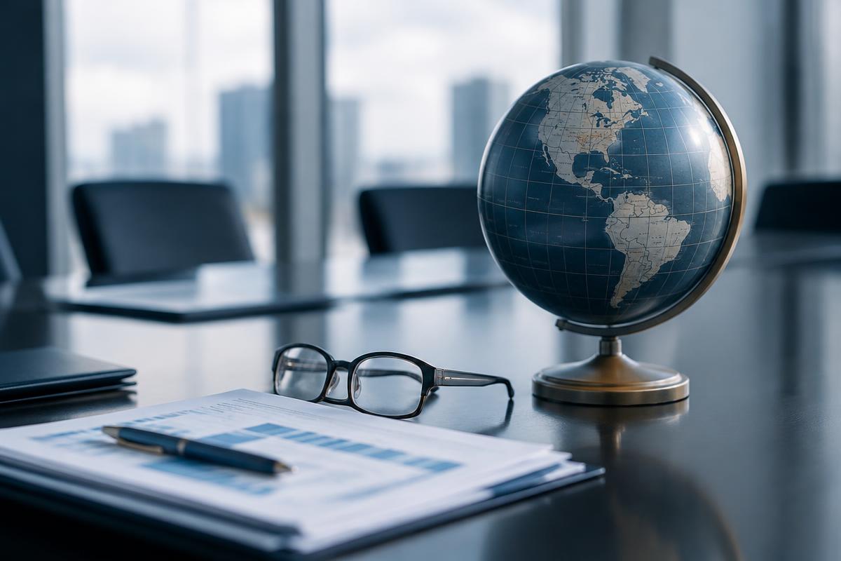Globe on a boardroom table beside tax documents and reading glasses
