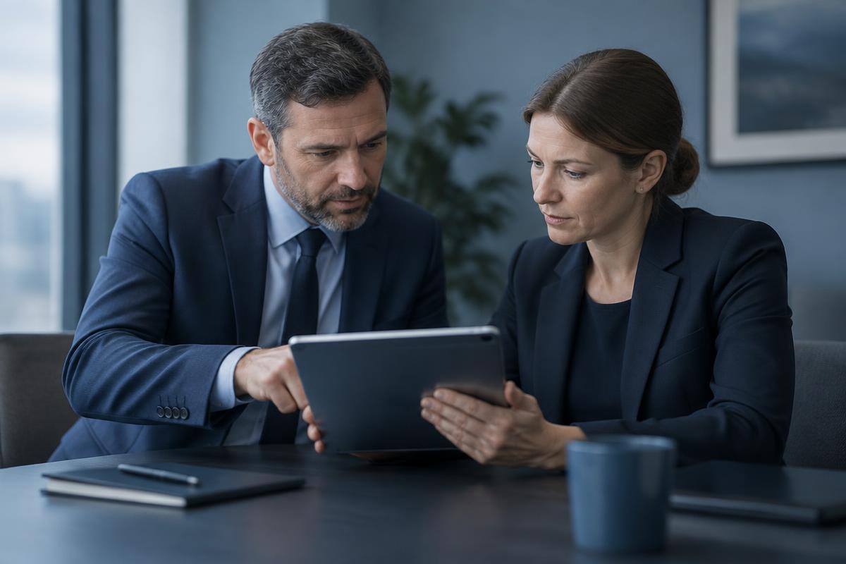 Two audit professionals reviewing a quality checklist on a tablet