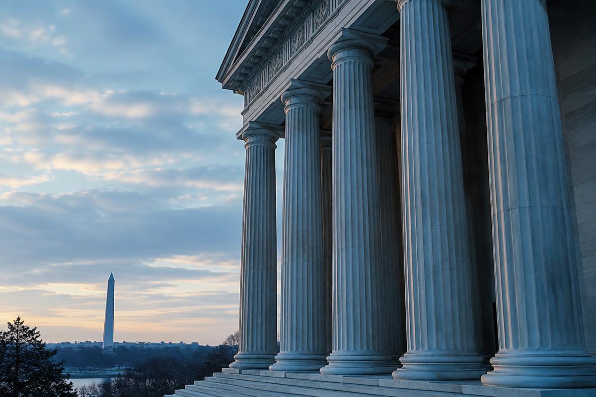 Neoclassical columns of a government building in Washington at dawn