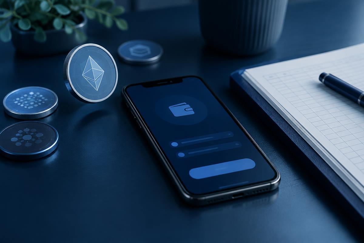 Digital coins and a smartphone payment app next to a ledger notebook